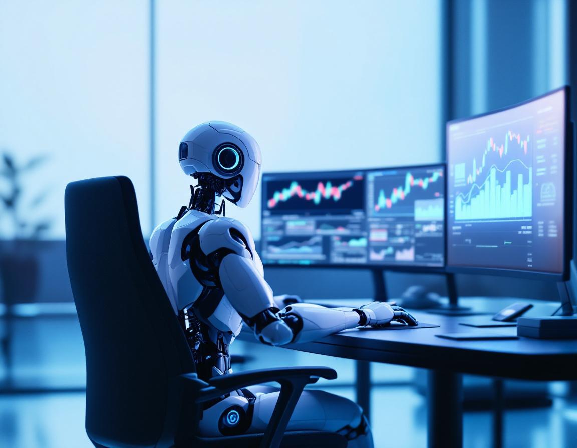 A hyper-realistic AI trading bot in a high-tech workstation analyzing crypto and stock market data.