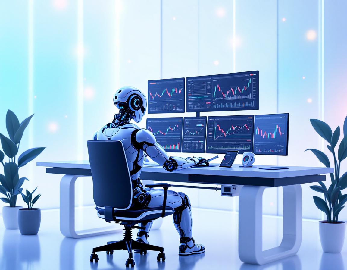 A sleek AI trading bot analyzes market data at a high-tech workstation surrounded by screens.
