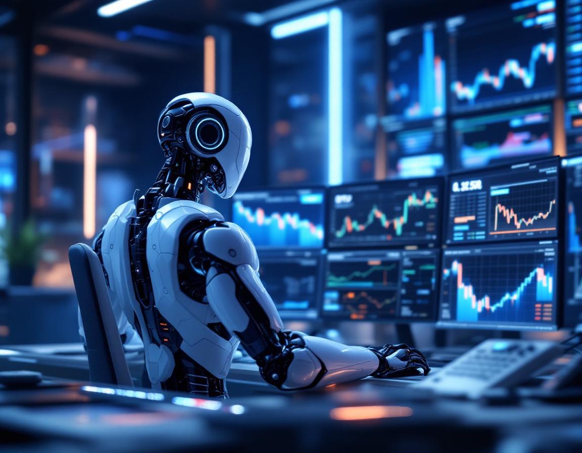 A hyper-realistic AI trading bot at a high-tech workstation analyzing data on multiple screens.