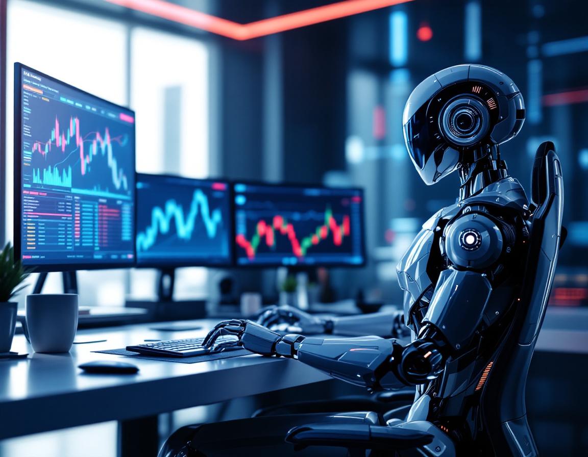A humanoid AI trading bot analyzes market data at a high-tech workstation with multiple screens.