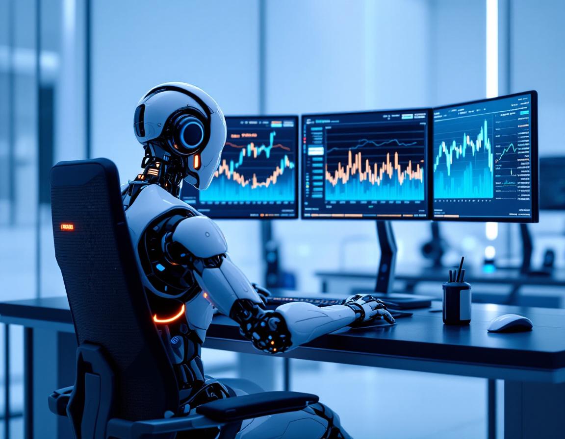 A hyper-realistic AI trading bot at a high-tech workstation analyzing dynamic stock and crypto data.
