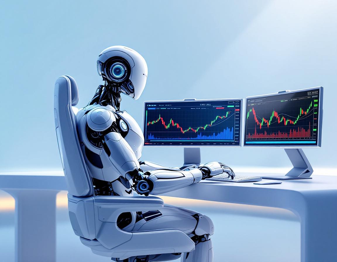 A hyper-realistic AI trading bot analyzes multiple screens in a futuristic financial environment.