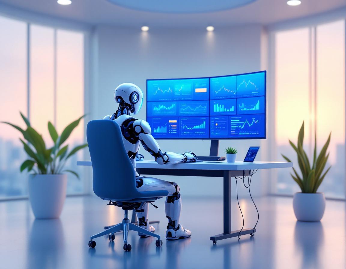 A sleek humanoid AI trading bot at a workstation analyzes market data displayed on multiple screens.