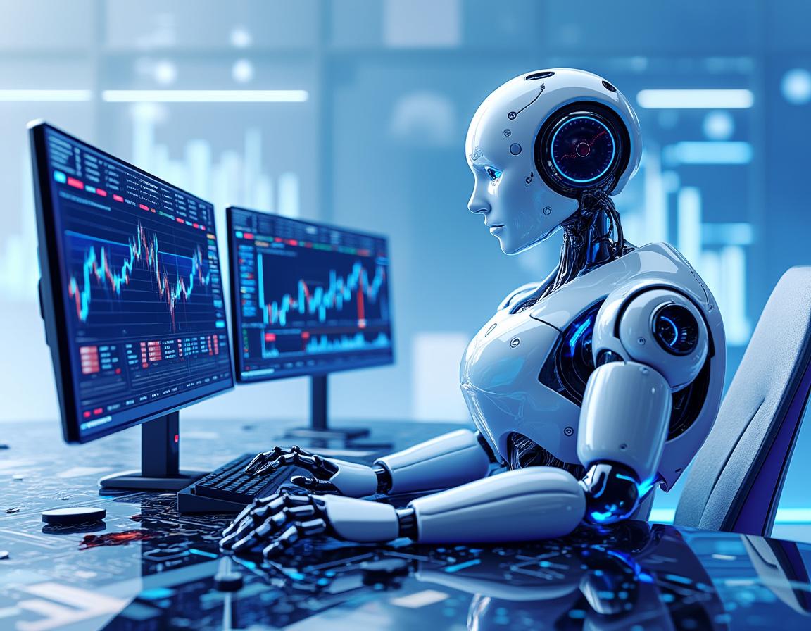 A hyper-realistic AI trading bot analyzes market data at a sleek workstation with multiple screens.