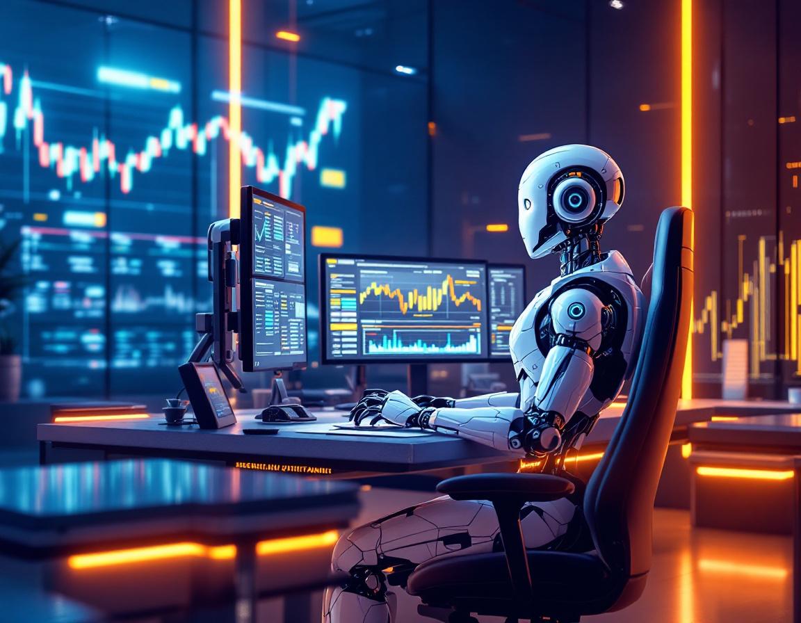 A humanoid AI trading bot at a high-tech workstation analyzes market data on multiple screens.