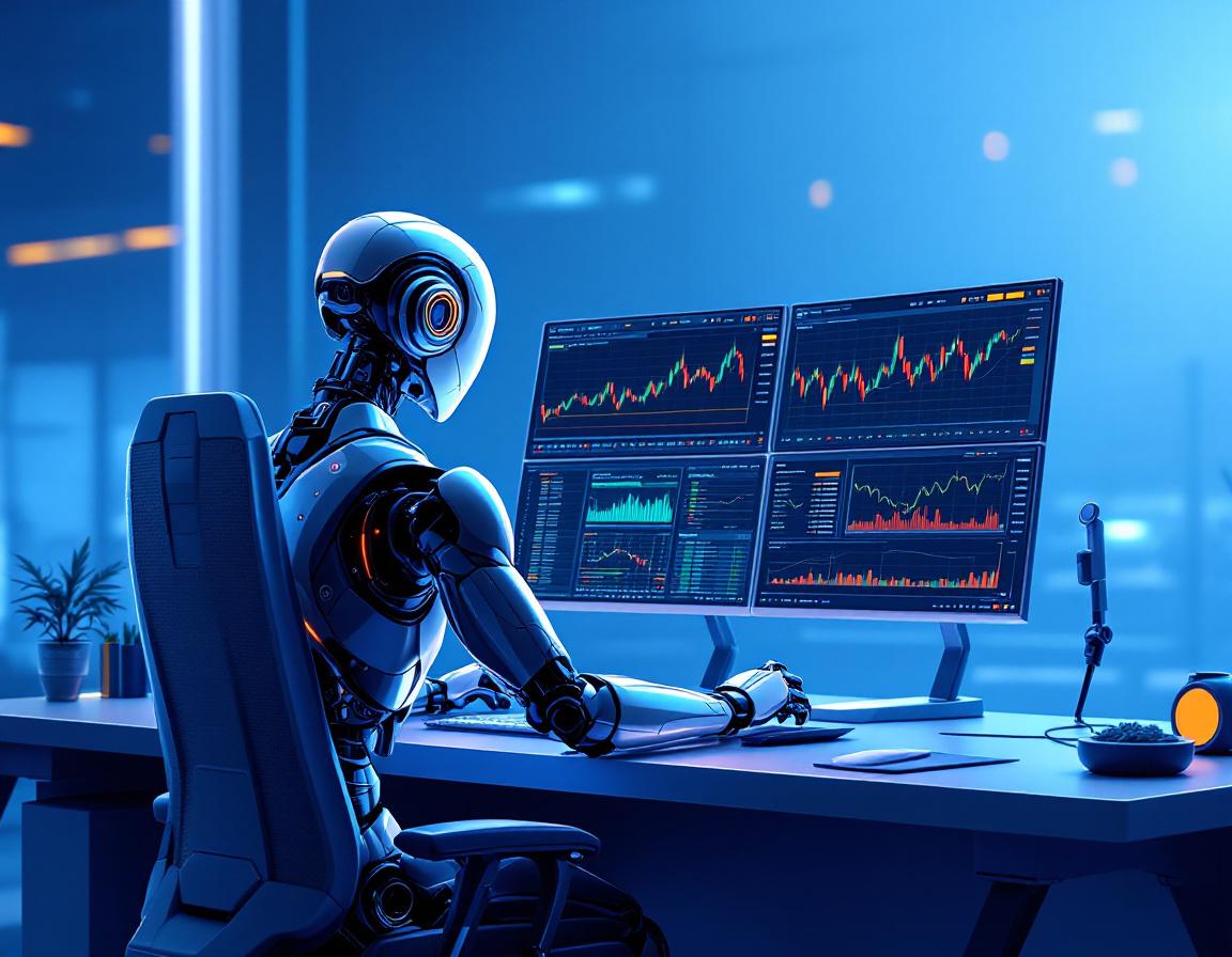 A humanoid AI trading bot at a high-tech workstation analyzing market data on multiple screens.