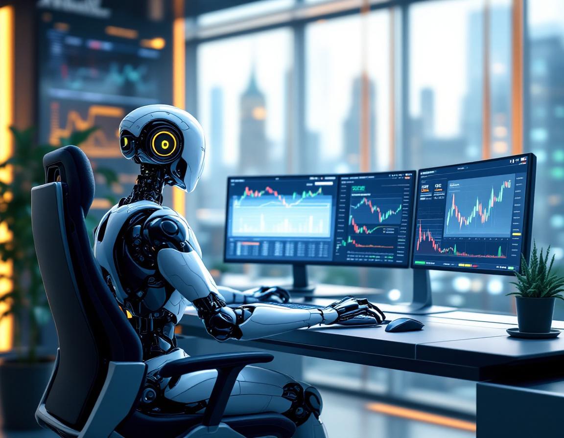A humanoid AI trading bot analyzes market trends at a high-tech workstation with multiple screens.