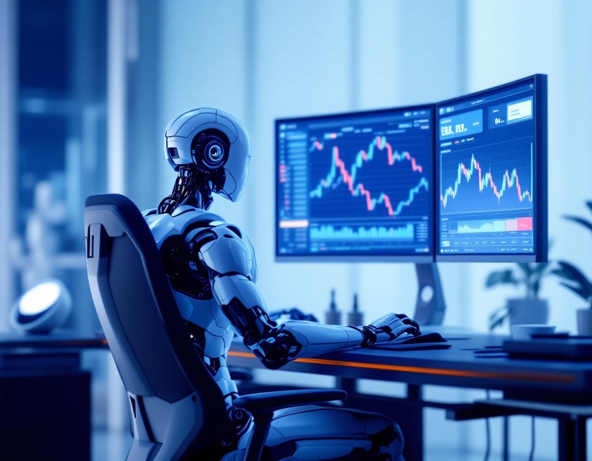 A sleek humanoid AI trading bot at a high-tech workstation analyzing crypto and stock market data.