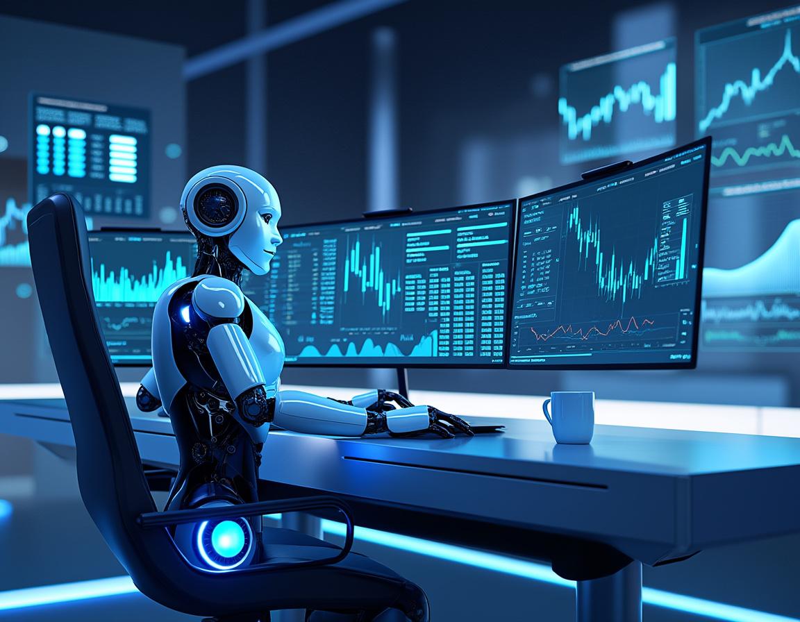 A sleek AI trading bot analyzes market data at a high-tech workstation amidst multiple data screens.