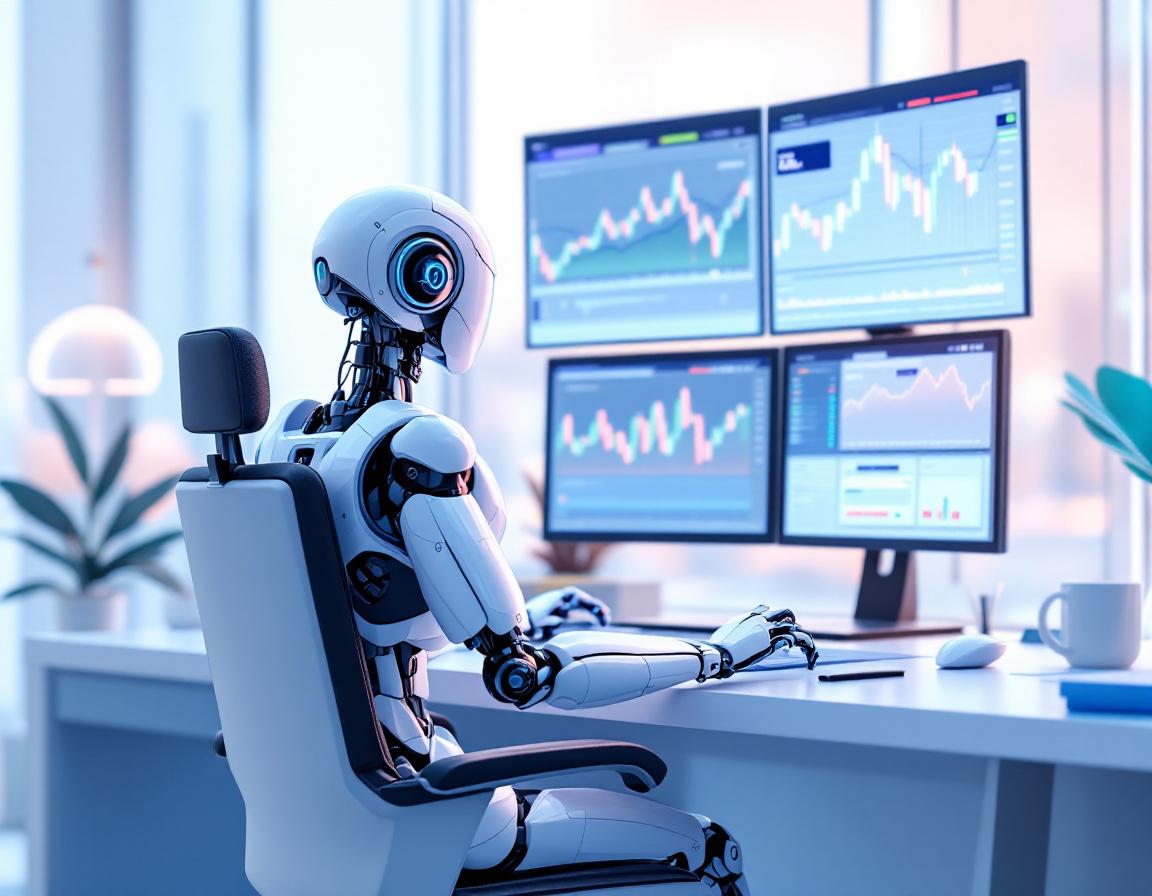 A humanoid AI trading bot at a high-tech workstation, analyzing market data across multiple screens.