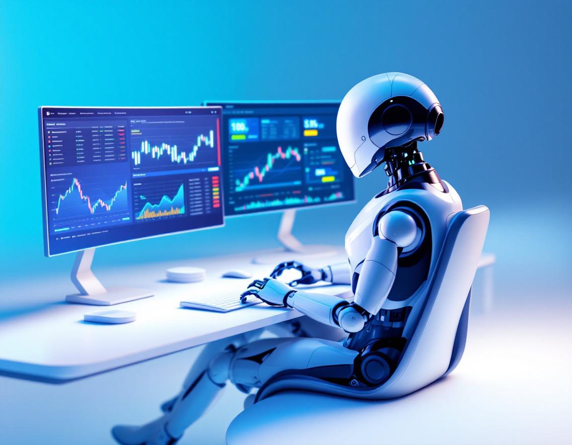 A hyper-realistic AI trading bot analyzes market data in a futuristic financial trading setup.