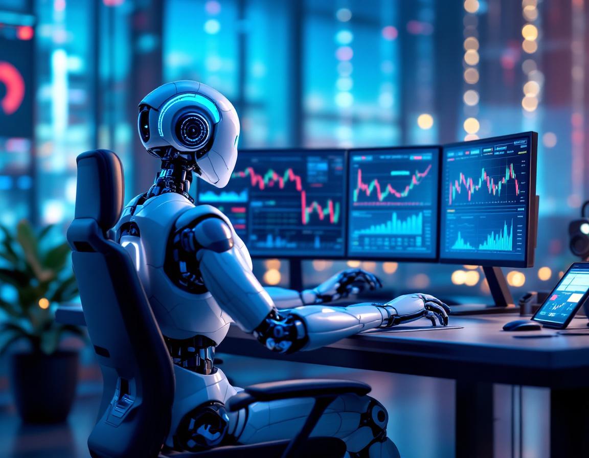 A hyper-realistic AI trading bot at a high-tech station analyzing market data on multiple screens.