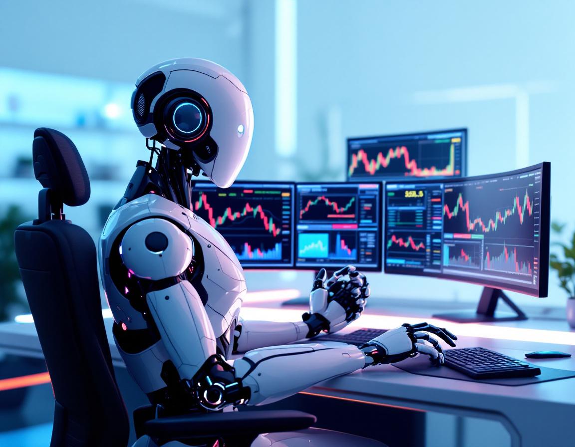 A futuristic AI trading bot at a sleek workstation analyzes market data on multiple screens.