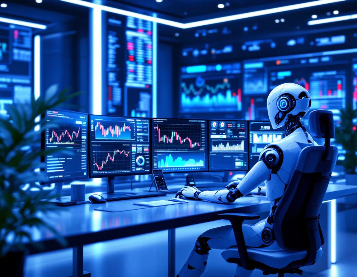 A humanoid AI trading bot at a high-tech workstation analyzing market data across multiple screens.