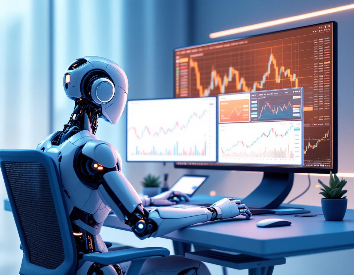 A humanoid AI trading bot analyzes market data at a high-tech workstation with multiple screens.