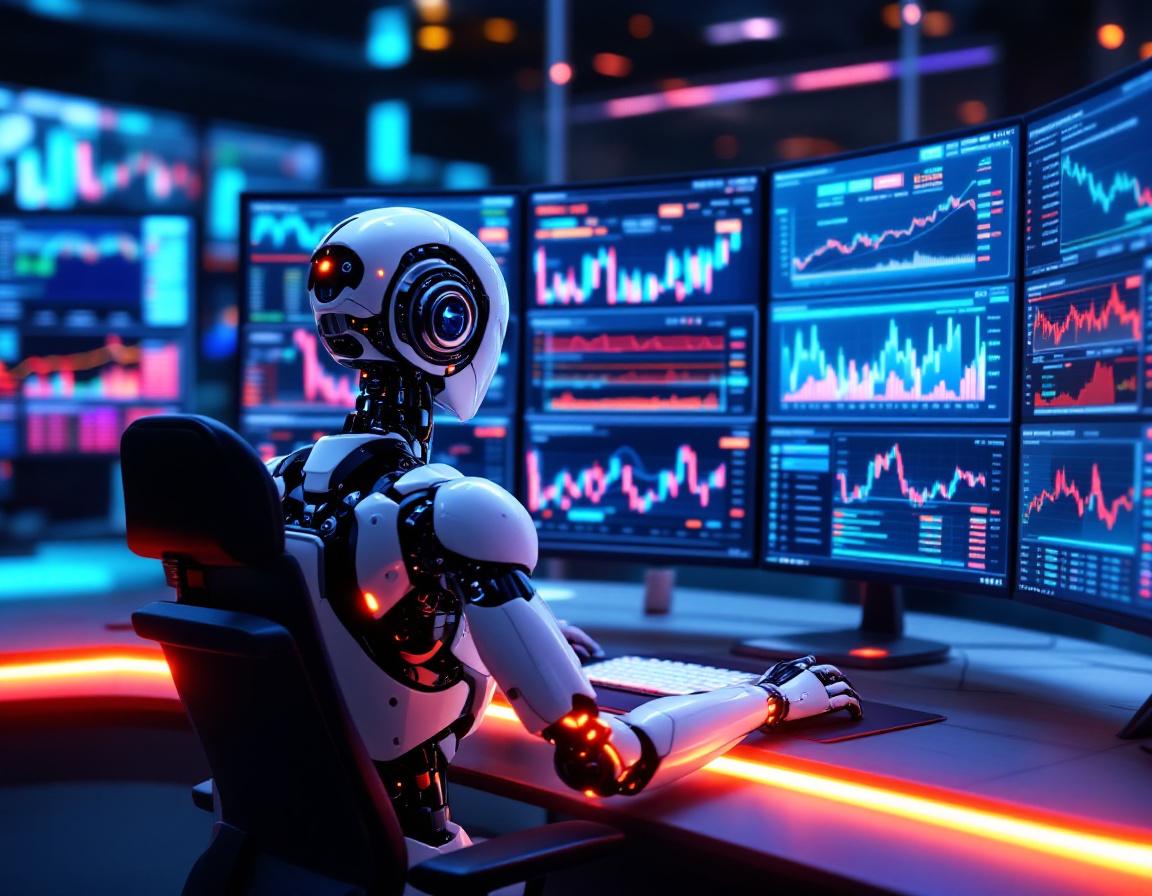 A hyper-realistic AI trading bot seated at a workstation, analyzing market data on multiple screens.