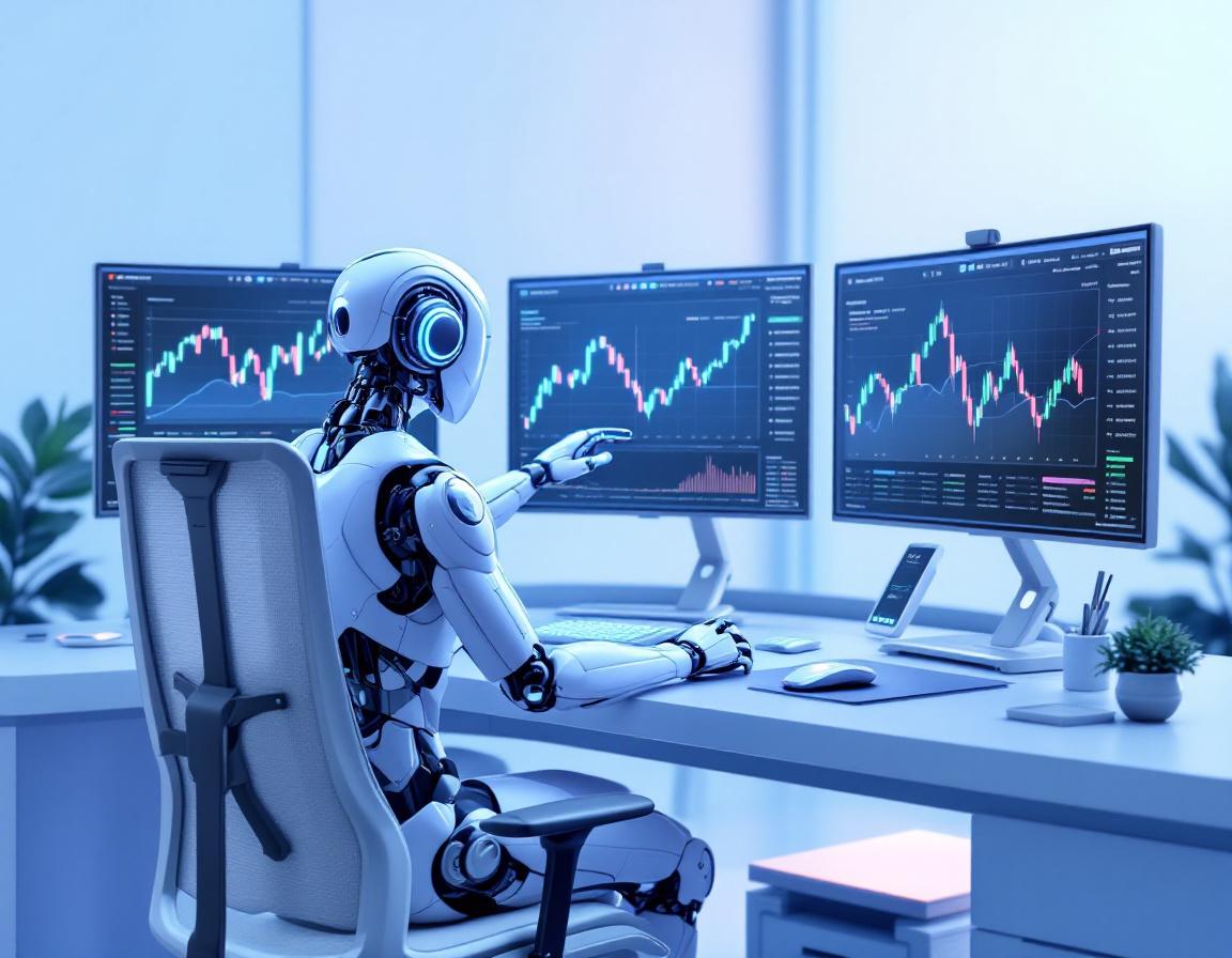 A hyper-realistic AI trading bot at a high-tech workstation analyzing crypto and stock market data.