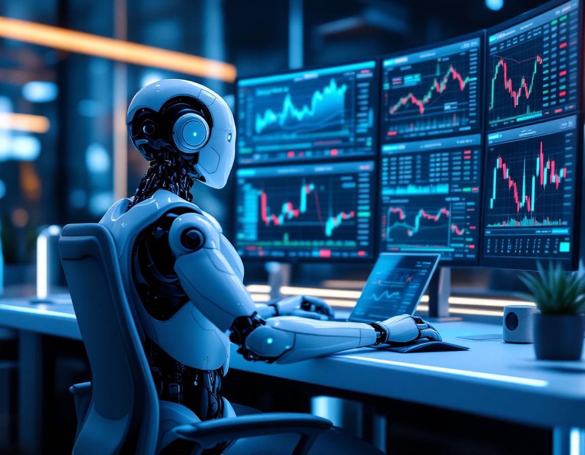 A humanoid AI trading bot works in a high-tech environment, analyzing stock and crypto market data.