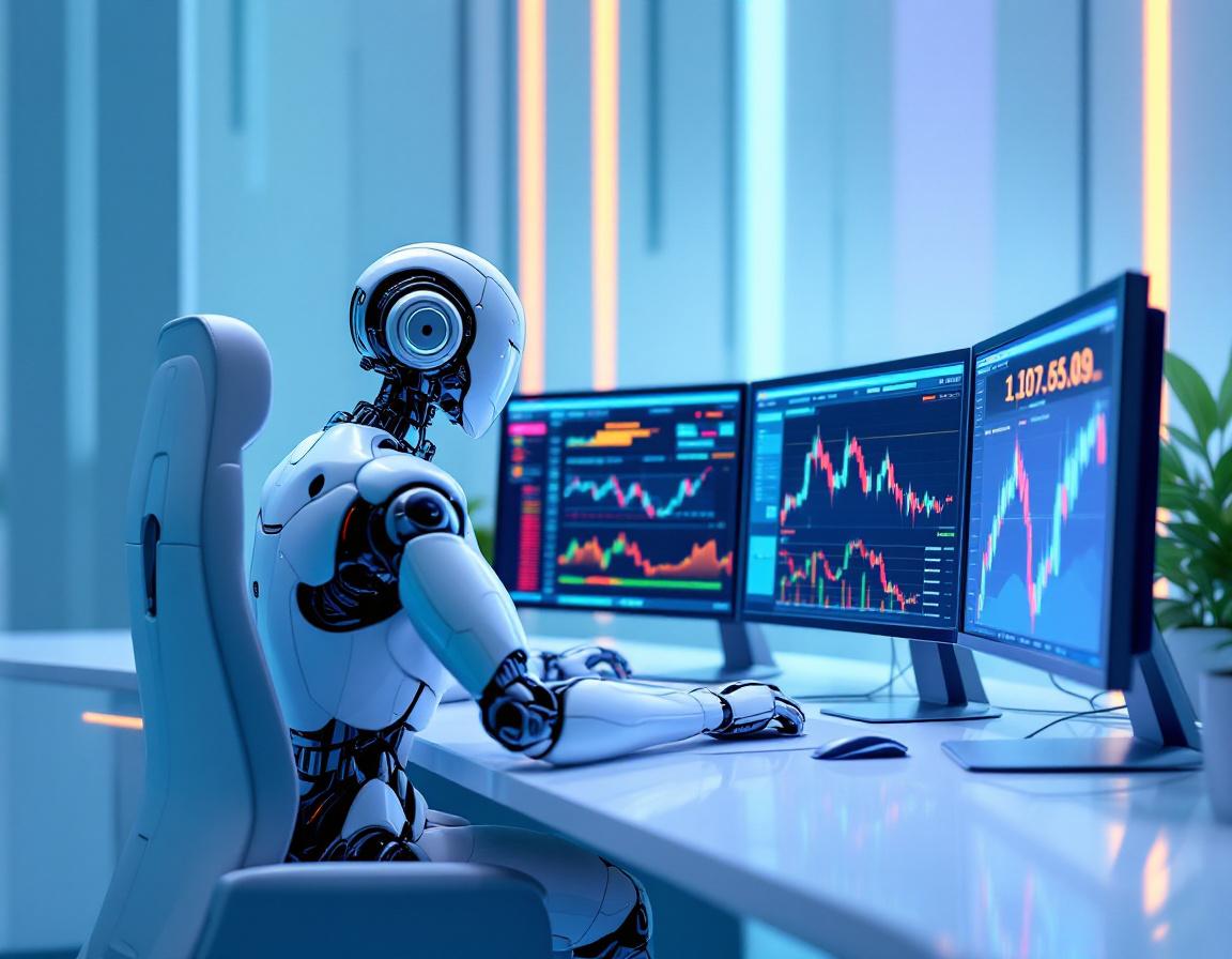 A hyper-realistic AI trading bot analyzes market data at a sleek workstation with glowing screens.