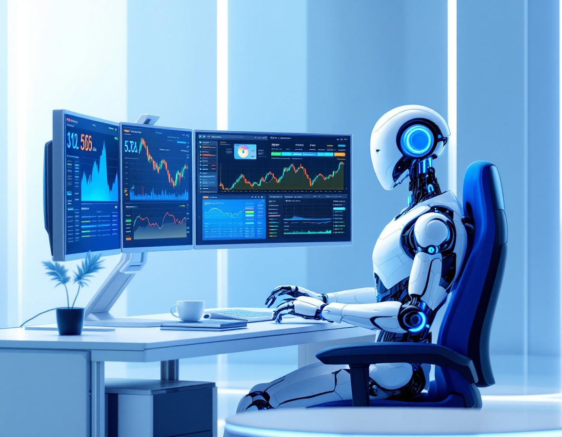 A sleek humanoid AI trading bot at a high-tech workstation analyzing stock and crypto market data.
