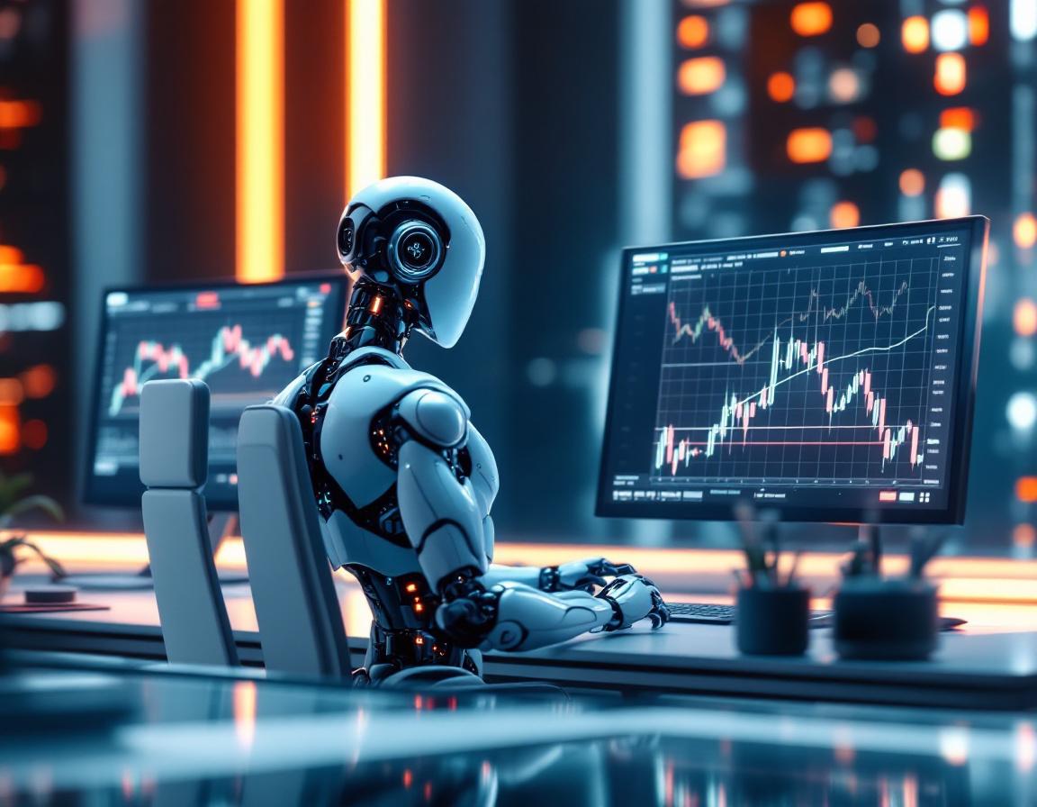 A hyper-realistic AI trading bot at a workstation, analyzing market data on multiple screens.