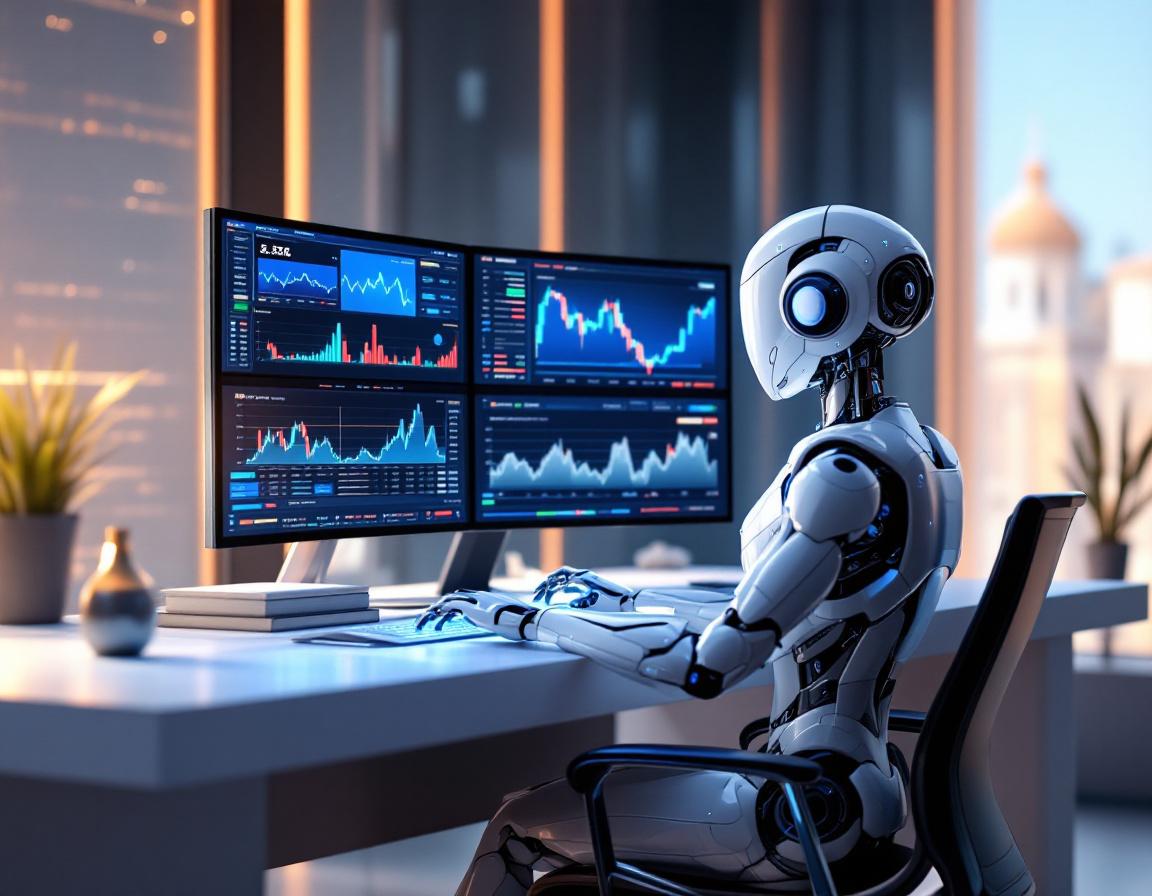 A hyper-realistic AI trading bot in a high-tech workspace analyzing crypto data on multiple screens.