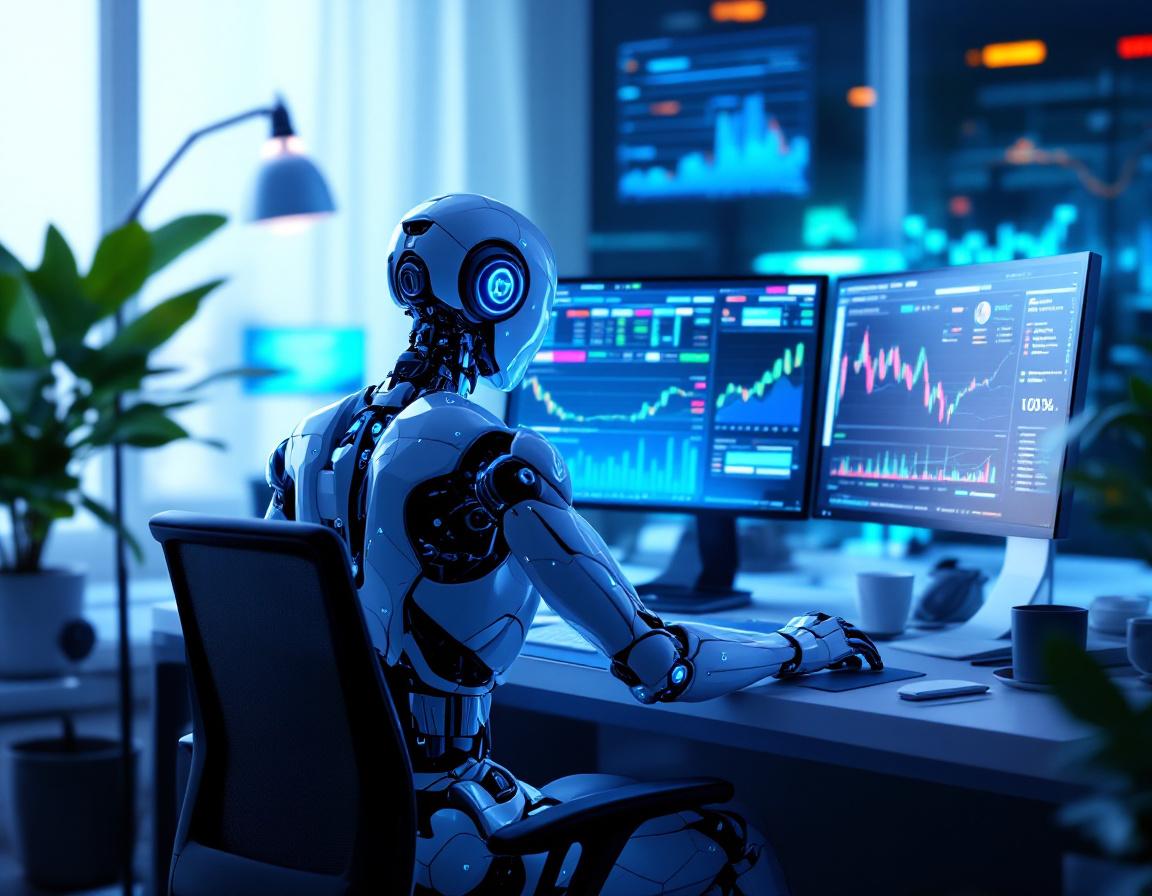 A humanoid AI trading bot at a high-tech workstation analyzing markets with multiple data screens.