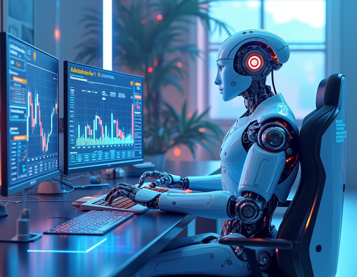 A humanoid AI trading bot at a high-tech workstation, analyzing market data on multiple screens.
