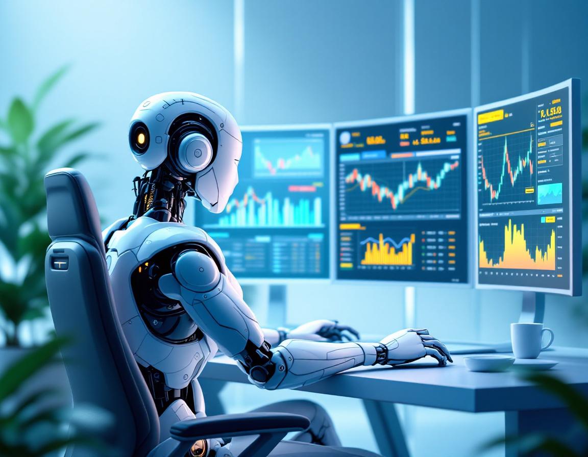 A hyper-realistic AI trading bot at a high-tech workstation, analyzing data on multiple screens.