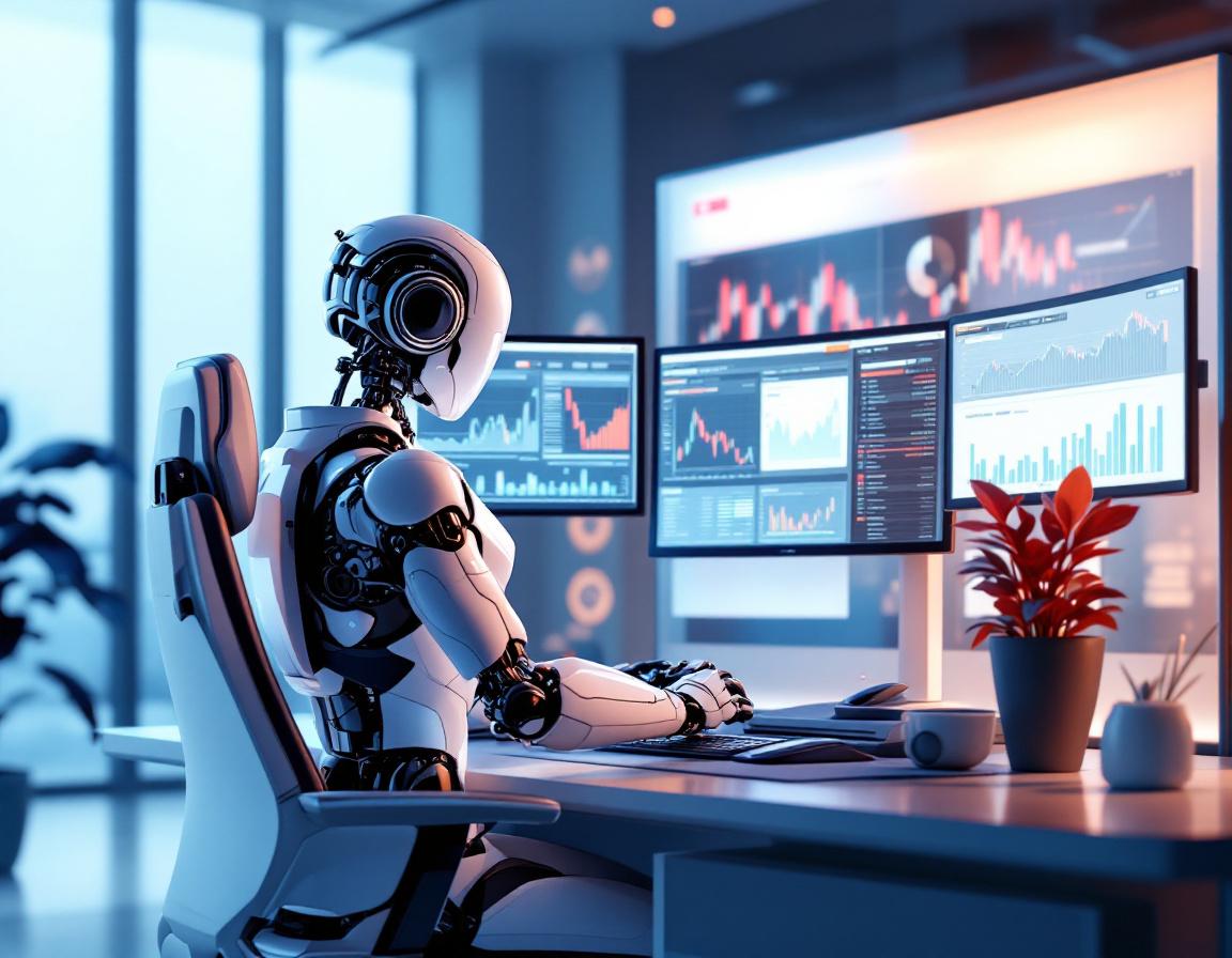 A humanoid AI trading bot analyzes market data at a high-tech workstation with multiple screens.