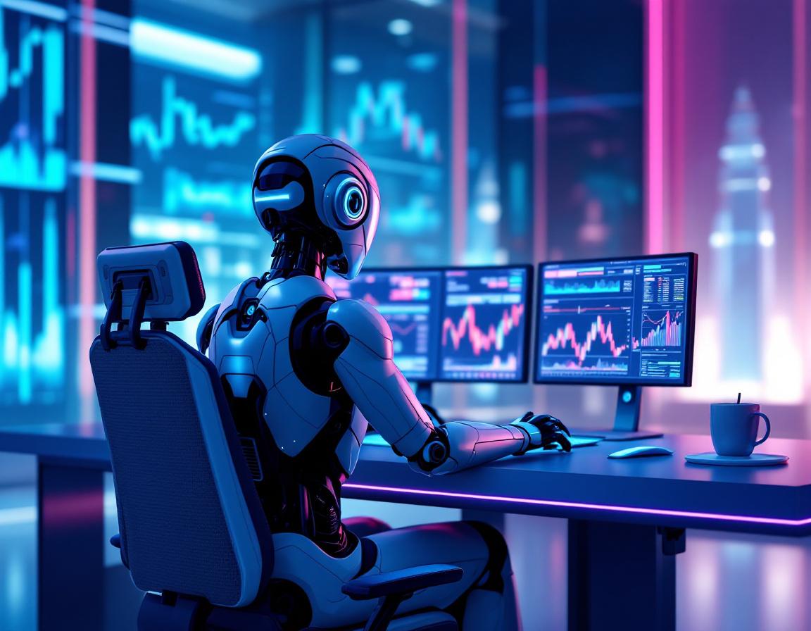 A humanoid AI trading bot analyzes market data at a high-tech workstation with multiple screens.
