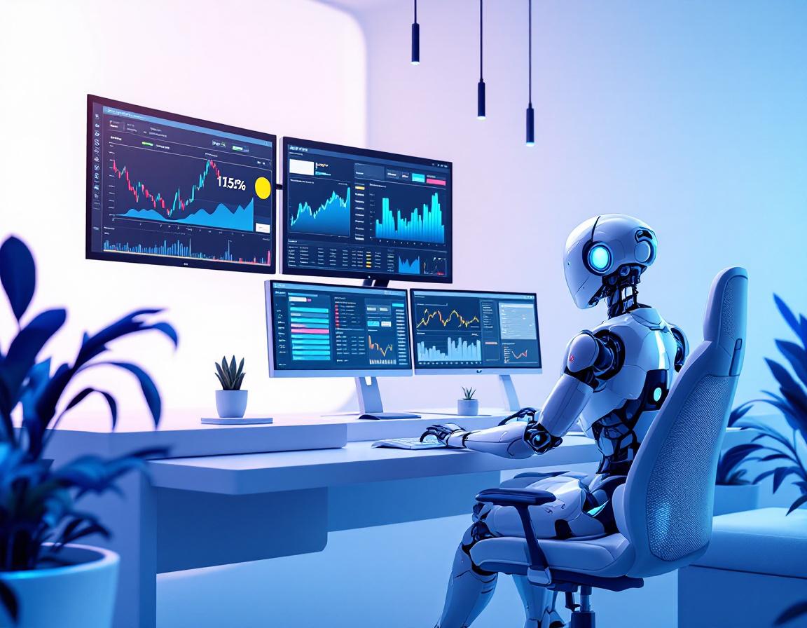 A sleek humanoid AI trading bot at a high-tech workstation, analyzing stock and crypto market data.
