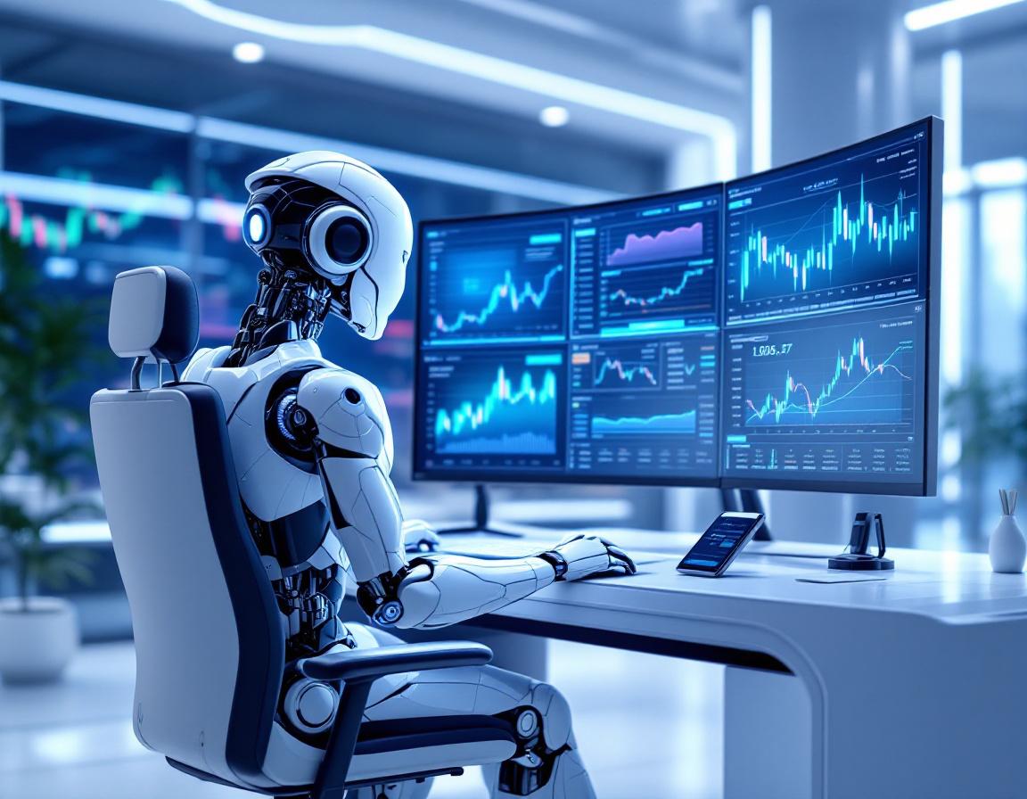 A humanoid AI trading bot at a high-tech workstation analyzes market data across multiple screens.