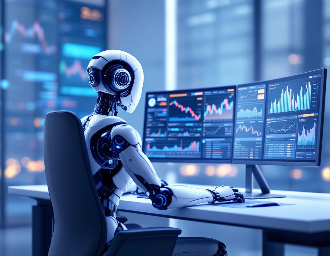 A hyper-realistic AI trading bot in a futuristic environment analyzing crypto and stock market data.
