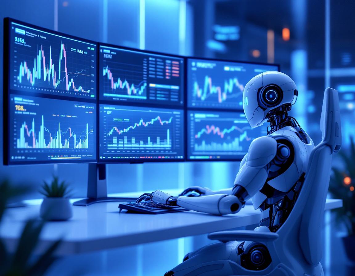 A hyper-realistic AI trading bot at a high-tech workstation analyzing multiple market data screens.
