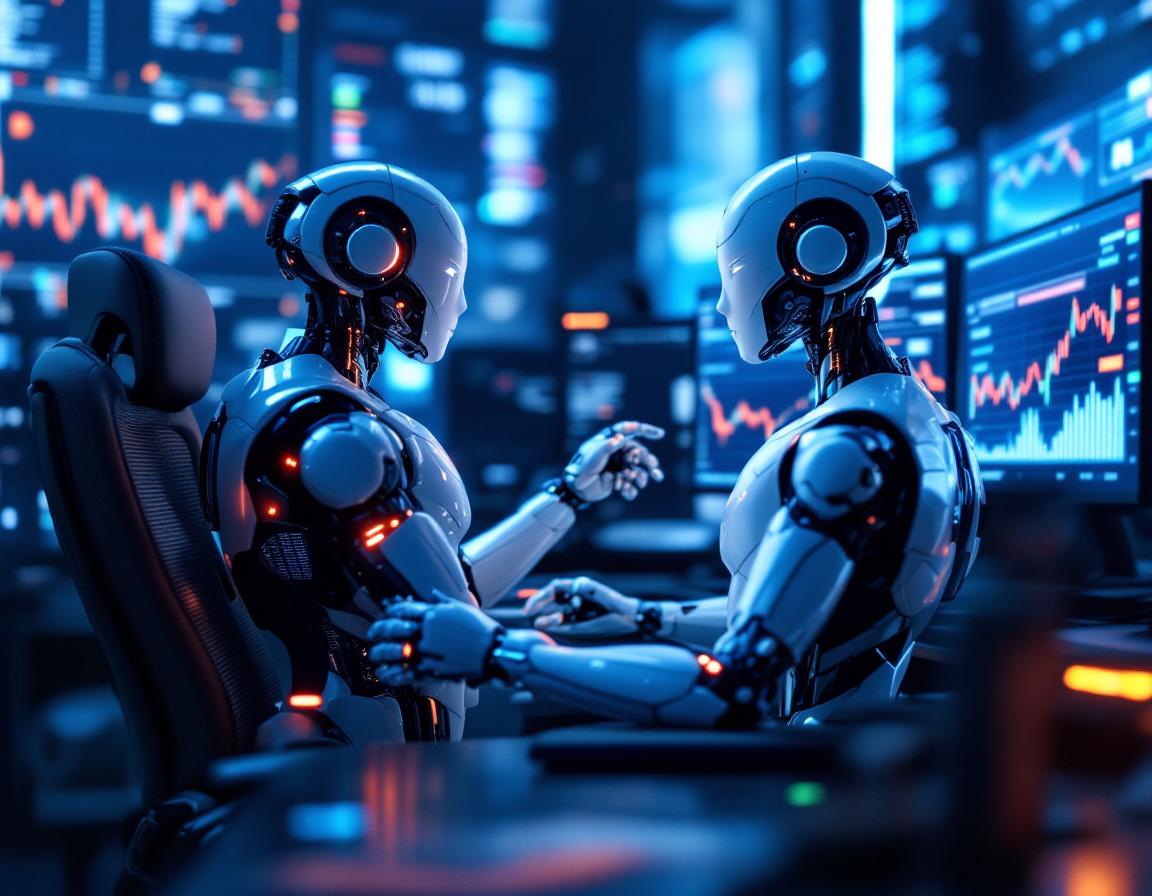 A humanoid AI trading bot seated at a workstation, analyzing market data across multiple screens.