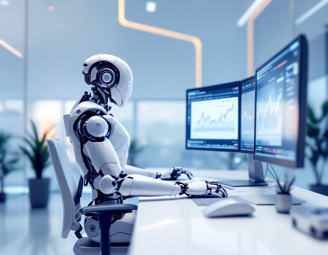A hyper-realistic AI trading bot seated at a workstation, analyzing market data on multiple screens.