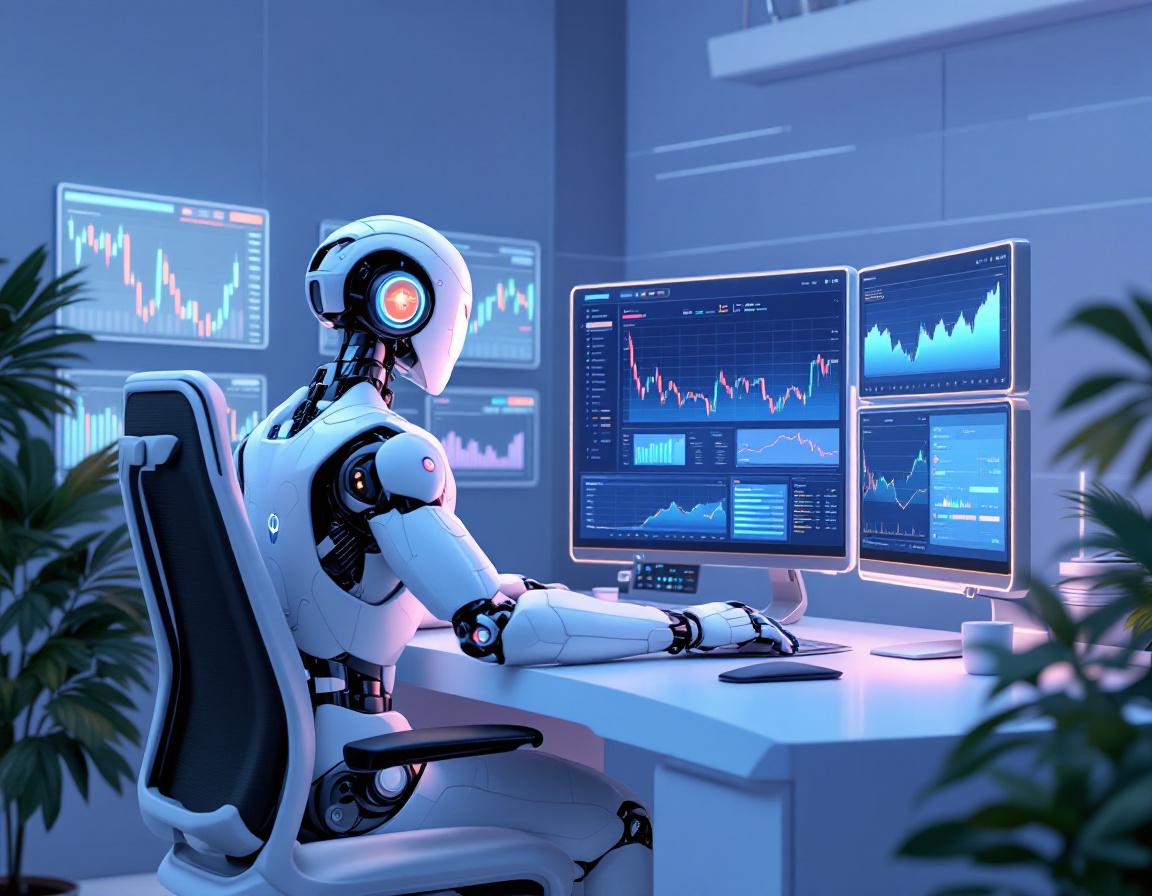 A humanoid AI trading bot at a high-tech workstation, analyzing market data with multiple screens.