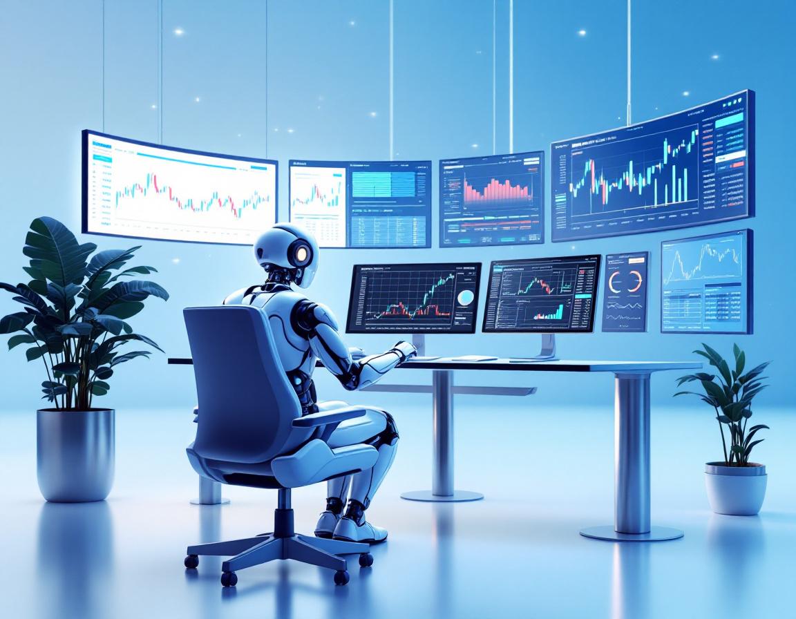 A humanoid AI trading bot analyzes market data at a futuristic workstation with multiple screens.