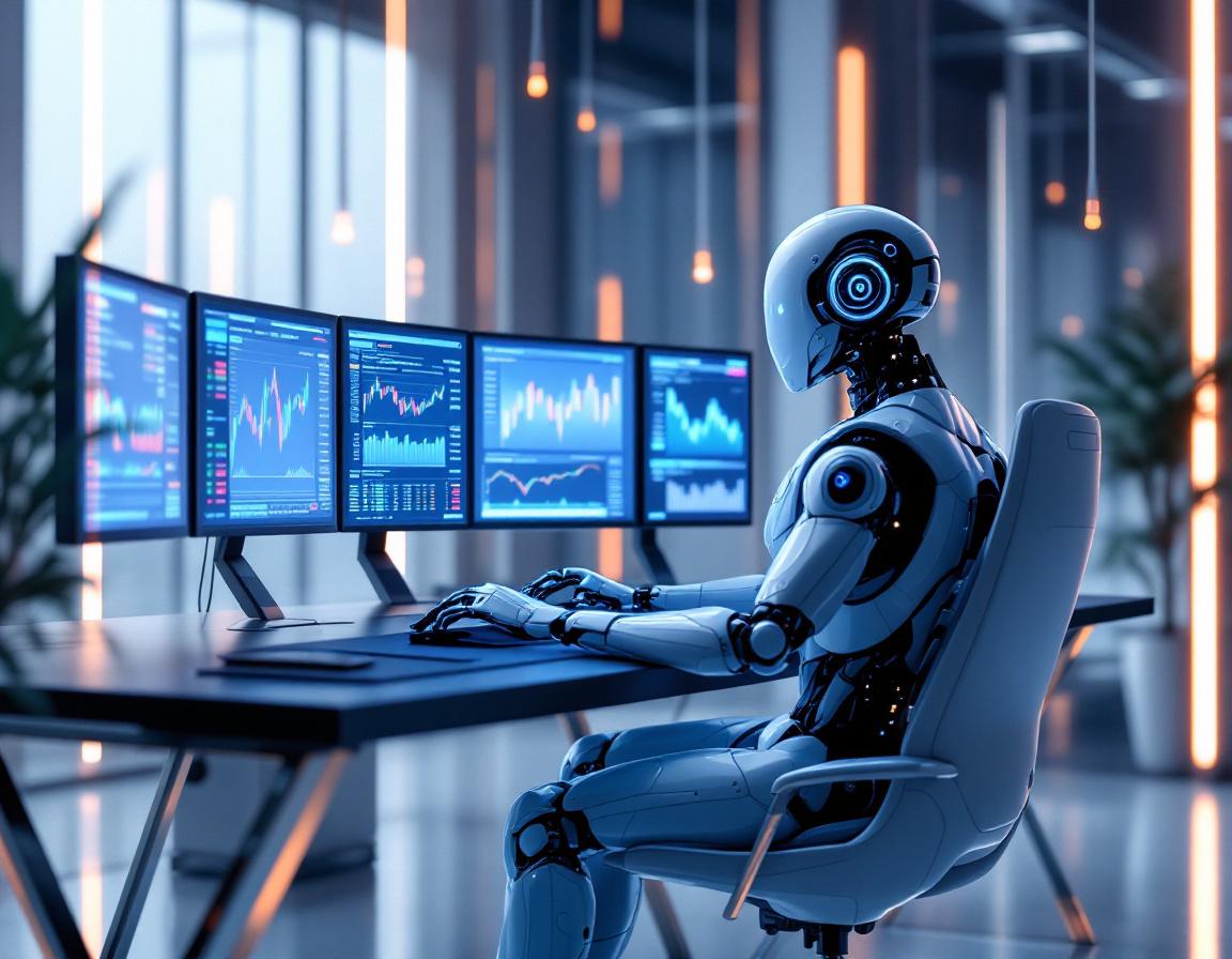 A hyper-realistic AI trading bot at a workstation analyzing crypto market data on multiple screens.