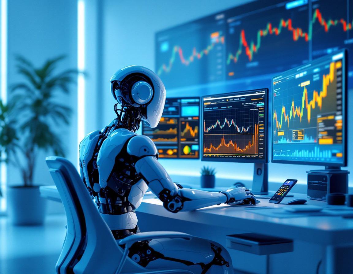 A humanoid AI trading bot analyzes market data at a high-tech workstation with glowing screens.