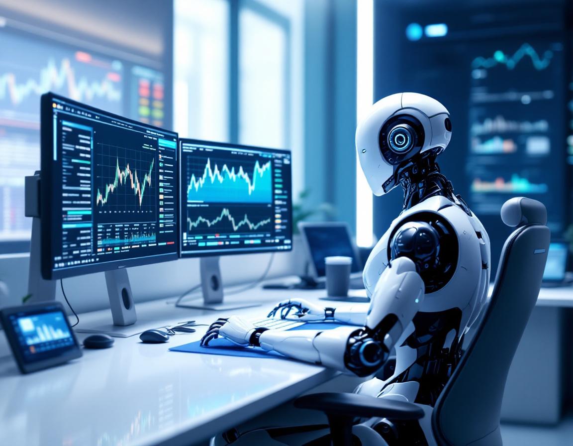 A sleek humanoid AI trading bot at a workstation, analyzing crypto data on multiple vibrant screens.
