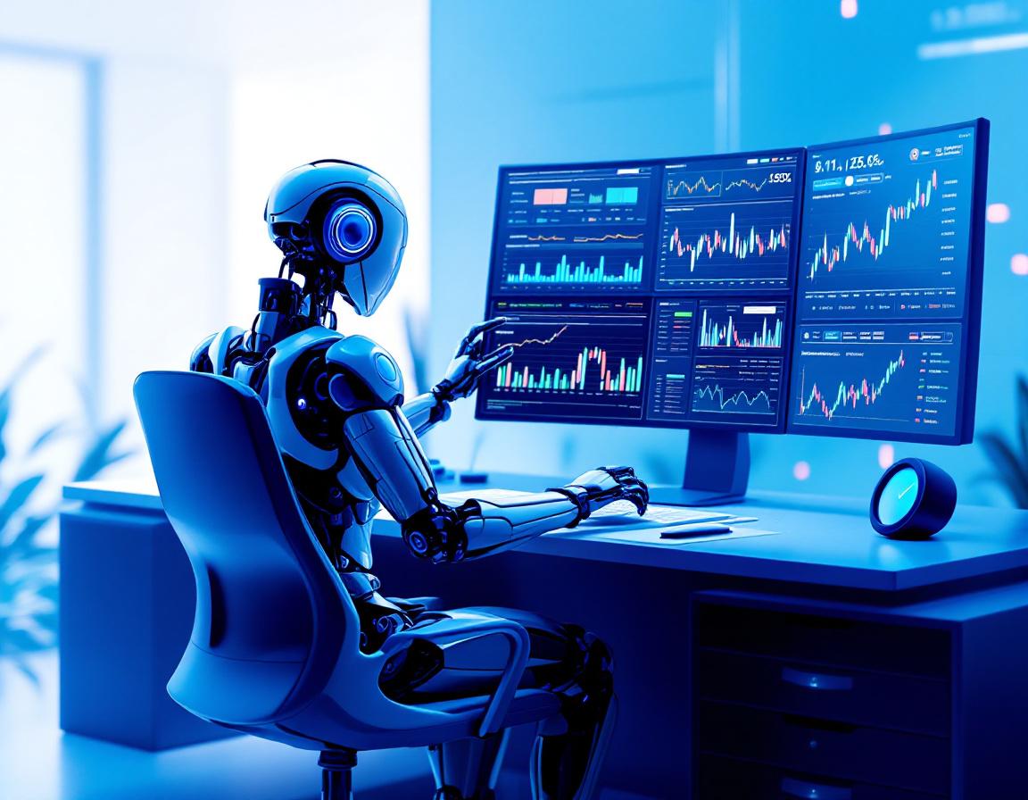 A humanoid AI trading bot at a high-tech workstation, analyzing market data on multiple screens.