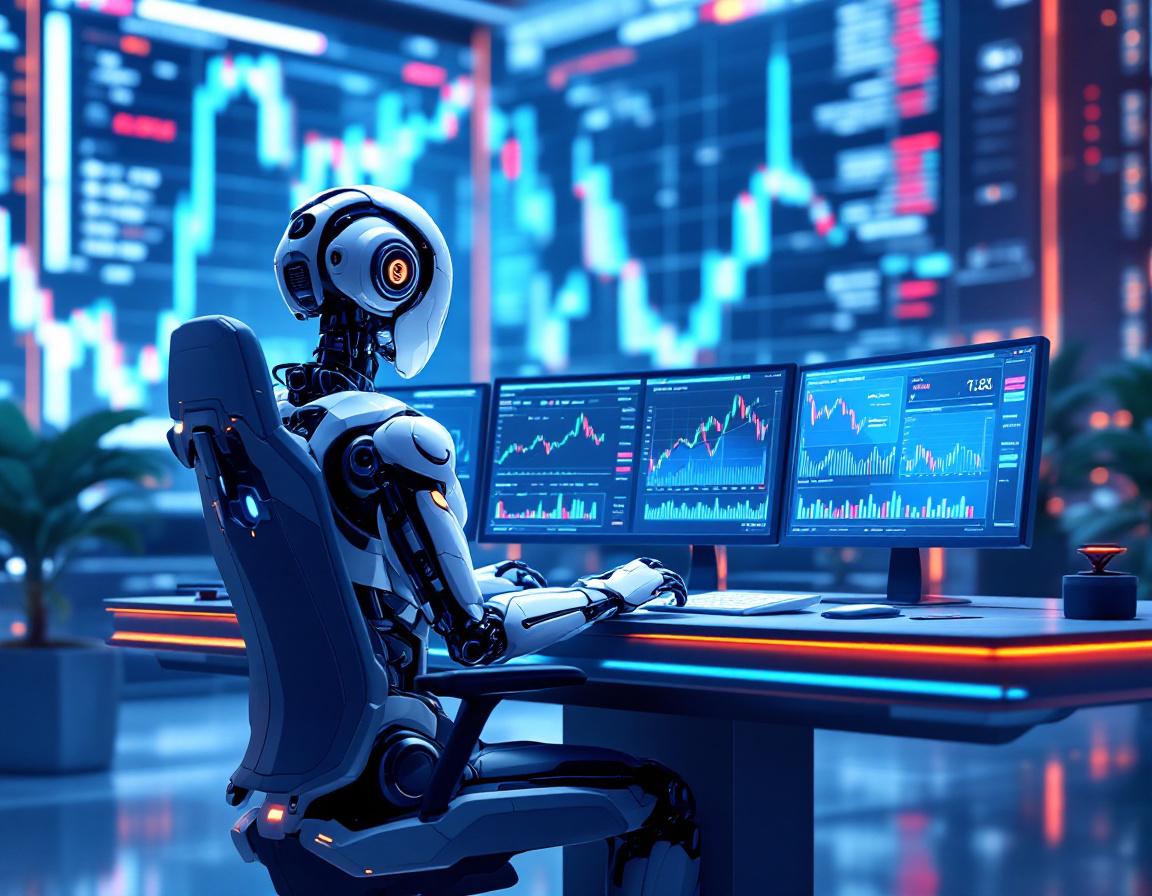 A humanoid AI trading bot at a high-tech workstation analyzing market data on multiple screens.