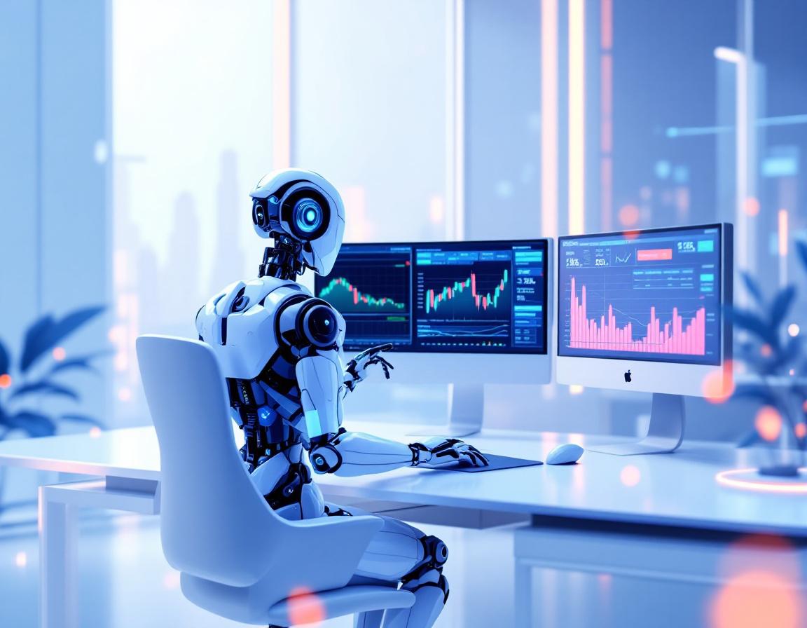 A humanoid AI trading bot analyzes market data at a high-tech workstation with multiple screens.