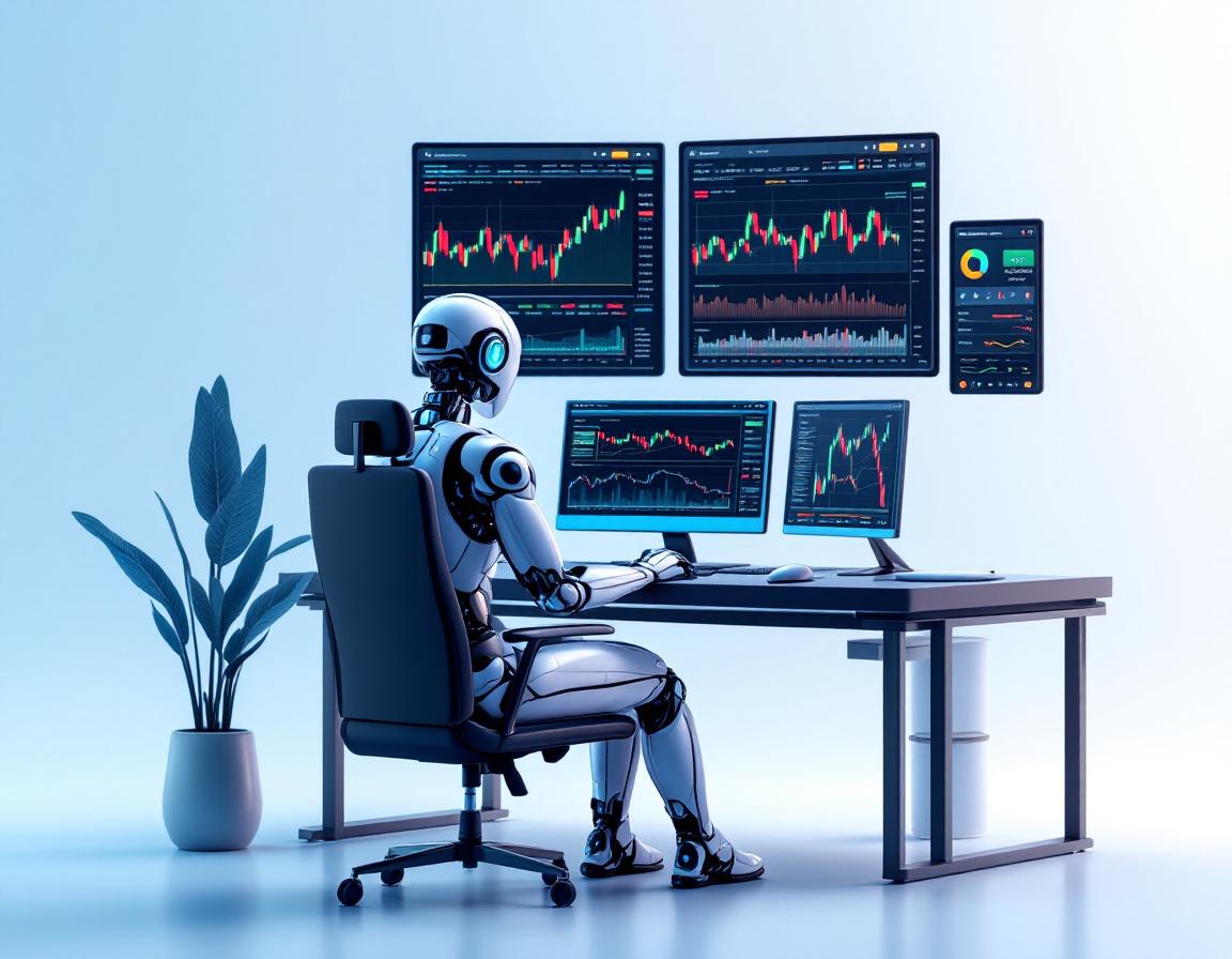 A hyper-realistic AI trading bot at a high-tech workstation, analyzing crypto and stock market data.