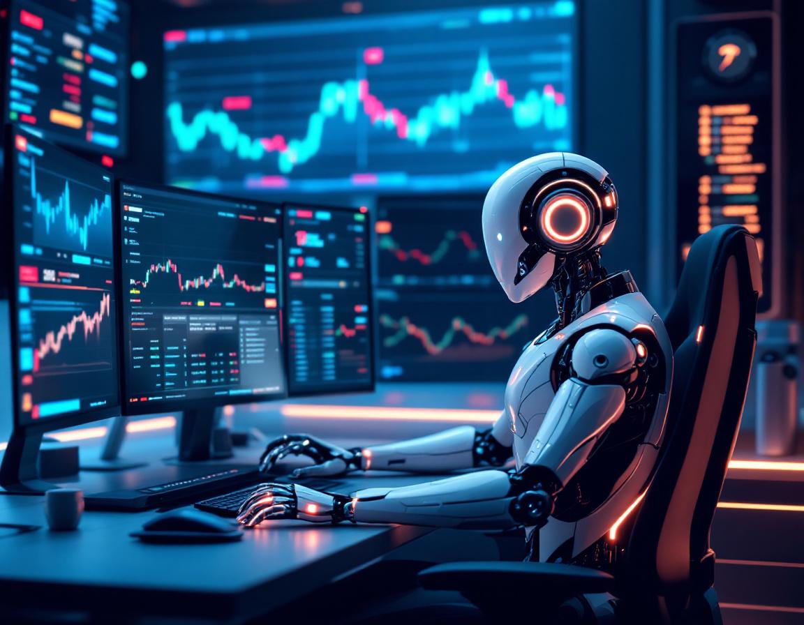 A hyper-realistic AI trading bot in a futuristic environment analyzing crypto and stock market data.