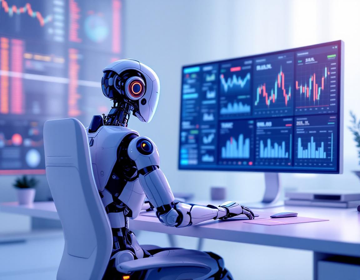 A humanoid AI trading bot analyzes market data at a high-tech workstation with multiple screens.
