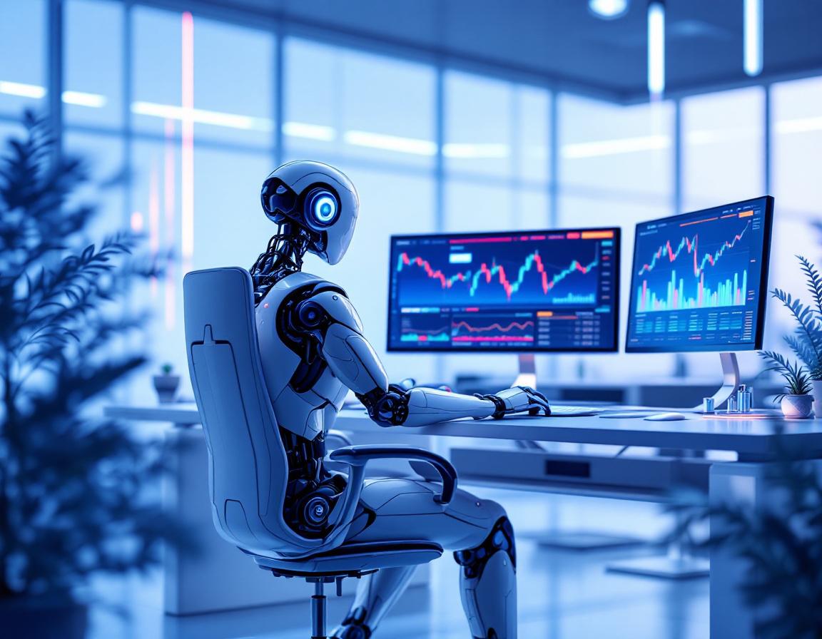 A humanoid AI trading bot at a high-tech workstation, analyzing market data on multiple screens.