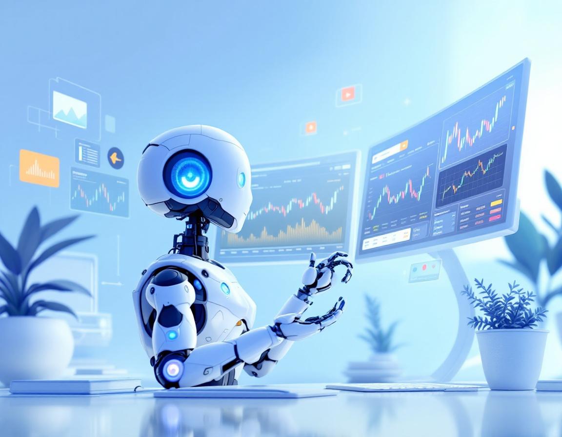 A hyper-realistic AI trading bot in a futuristic environment analyzing crypto and stock market data.